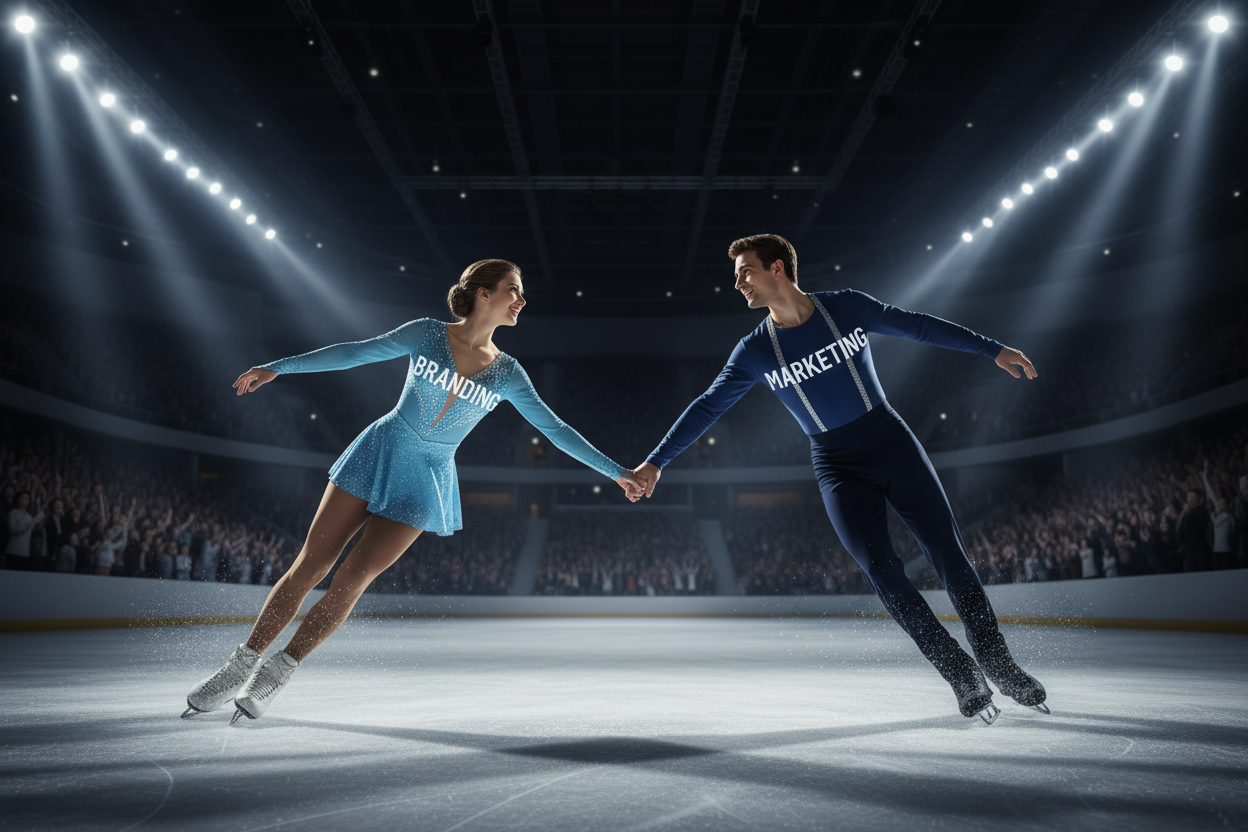A skating arena with a clode up of a couple of figure skaters. One's shirt reads Branding, and other's reads Marketing.